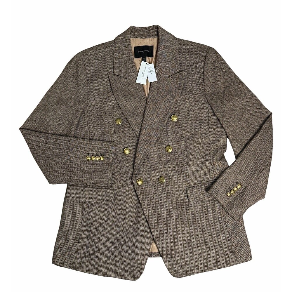 Banana Republic Women's Brown Herringbone Tweed Double Breasted Blazer Sz 16 NWT